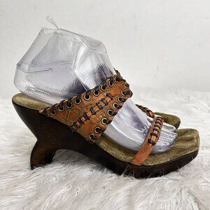 COLLEEN CORDERO BROWN LEATHER LACED STUDDED‎ BOHO  ARTSY HEELED SANDALS SIZE 8